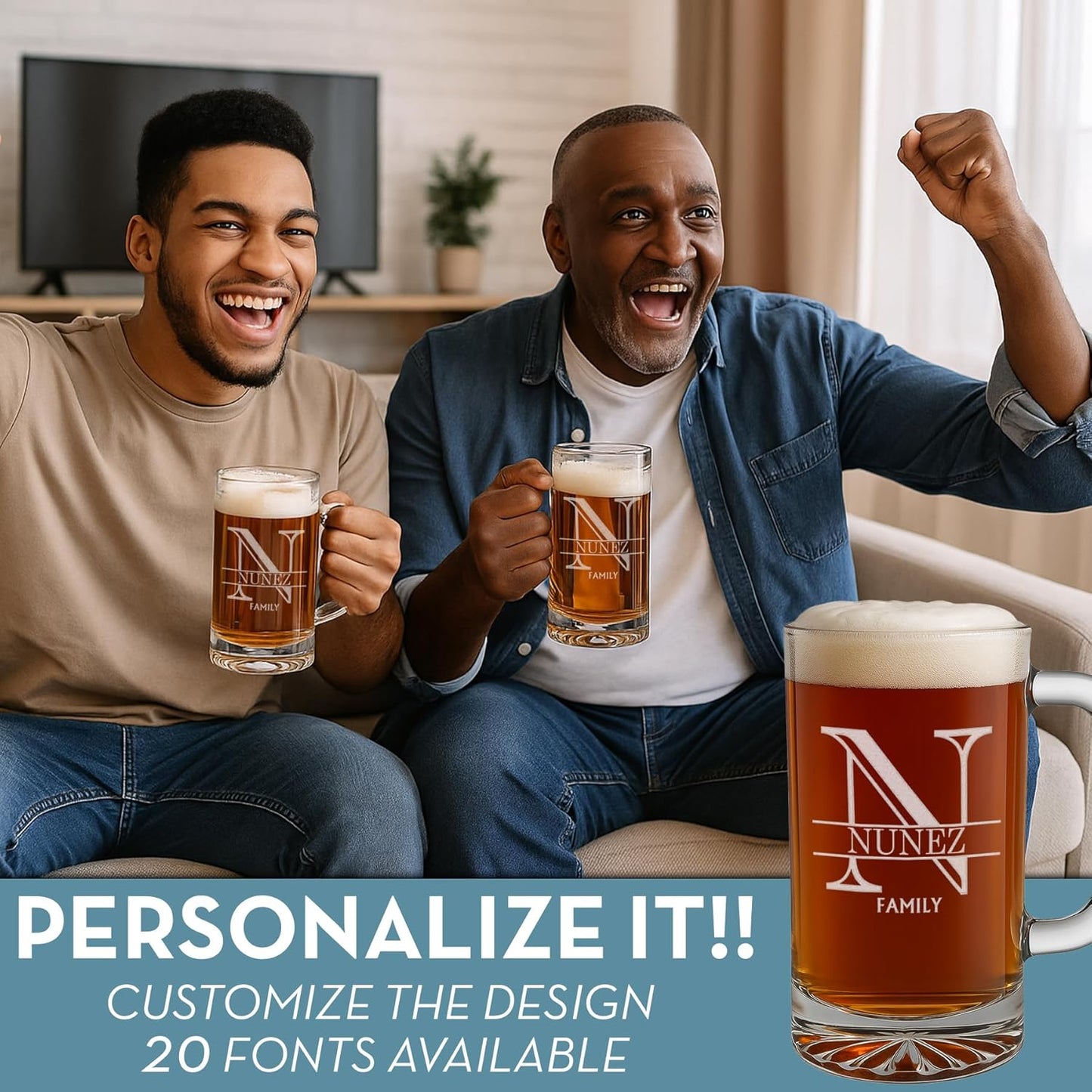 Halpert Personalized Etched Monogram Glass Beer Mug 16oz