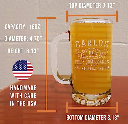 Bernard Personalized Etched Glass Beer Mug 16oz