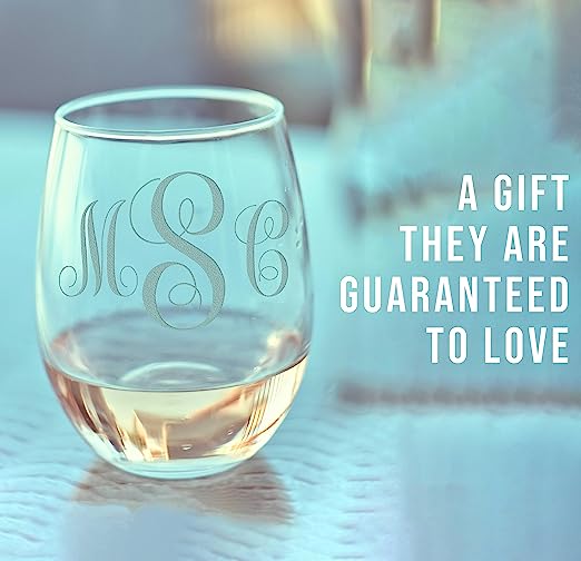 Script Personalized Etched Monogram Stemless Wine Glass 17oz