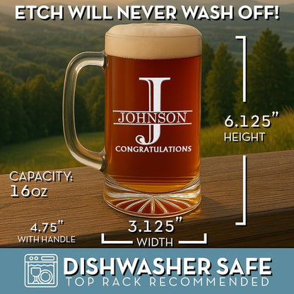 Halpert Personalized Etched Monogram Glass Beer Mug 16oz