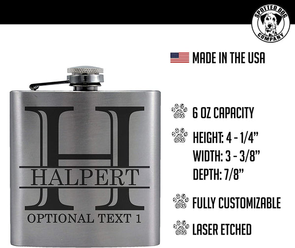 Personalized Etched Flask with Your Custom Text | 6oz, Stainless Steel