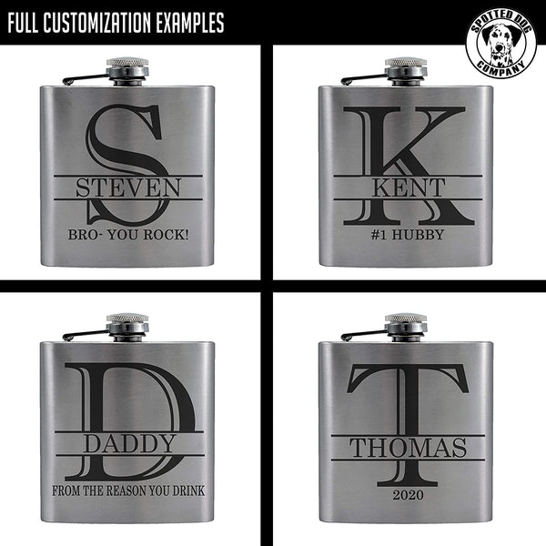 Personalized Etched Flask with Your Custom Text | 6oz, Stainless Steel