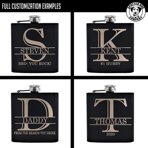 Personalized Etched Flask with Your Custom Text | 6oz, Black, Stainless Steel